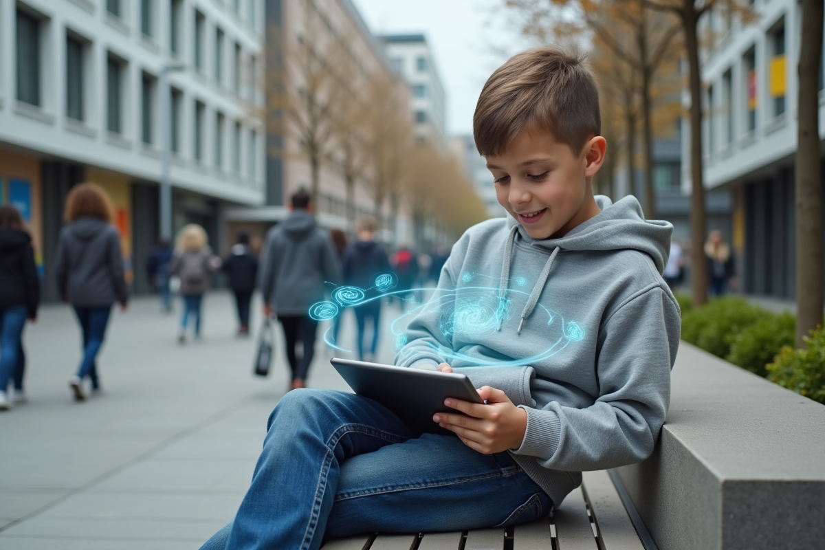 Adolescent utilisant une tablette avec interface AR en ville