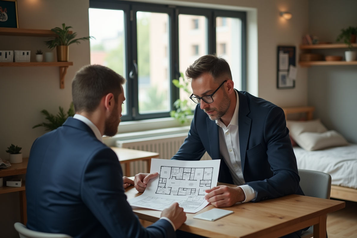 Agent immobilier montrant un plan à un couple dans un studio lumineux