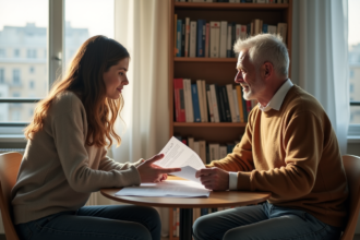 Jeune femme et homme âgé étudiant ensemble en français