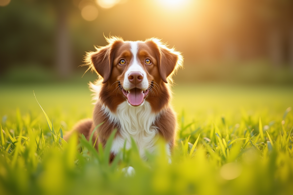 Chien berger australien brun en plein air dans un champ ensoleille