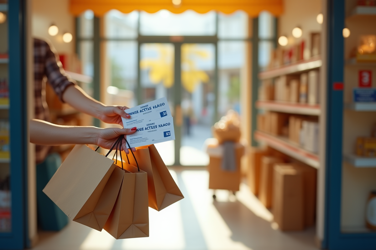 Mains tenant des bons vacances et sacs Decathlon à l