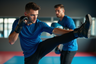 Jeune boxeur en plein coup de pied dans la salle de sport