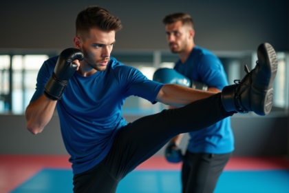 Jeune boxeur en plein coup de pied dans la salle de sport