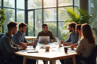 Bureau moderne avec professionnels collaborant autour d'une table