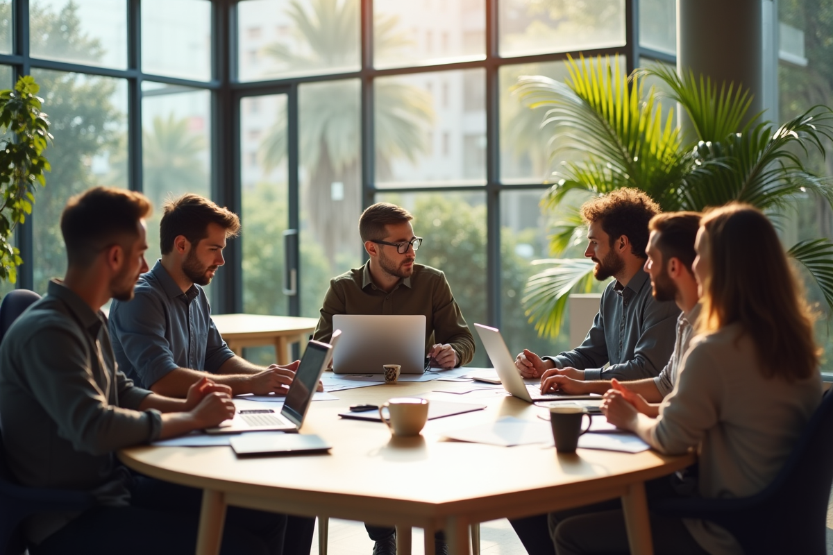 Bureau moderne avec professionnels collaborant autour d'une table