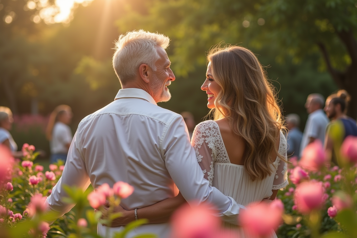 Couple célébrant 25 ans dans un jardin fleuri entouré d amis