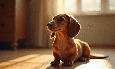 Dachshund assis sur un sol en bois en lumière naturelle
