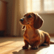 Dachshund assis sur un sol en bois en lumière naturelle