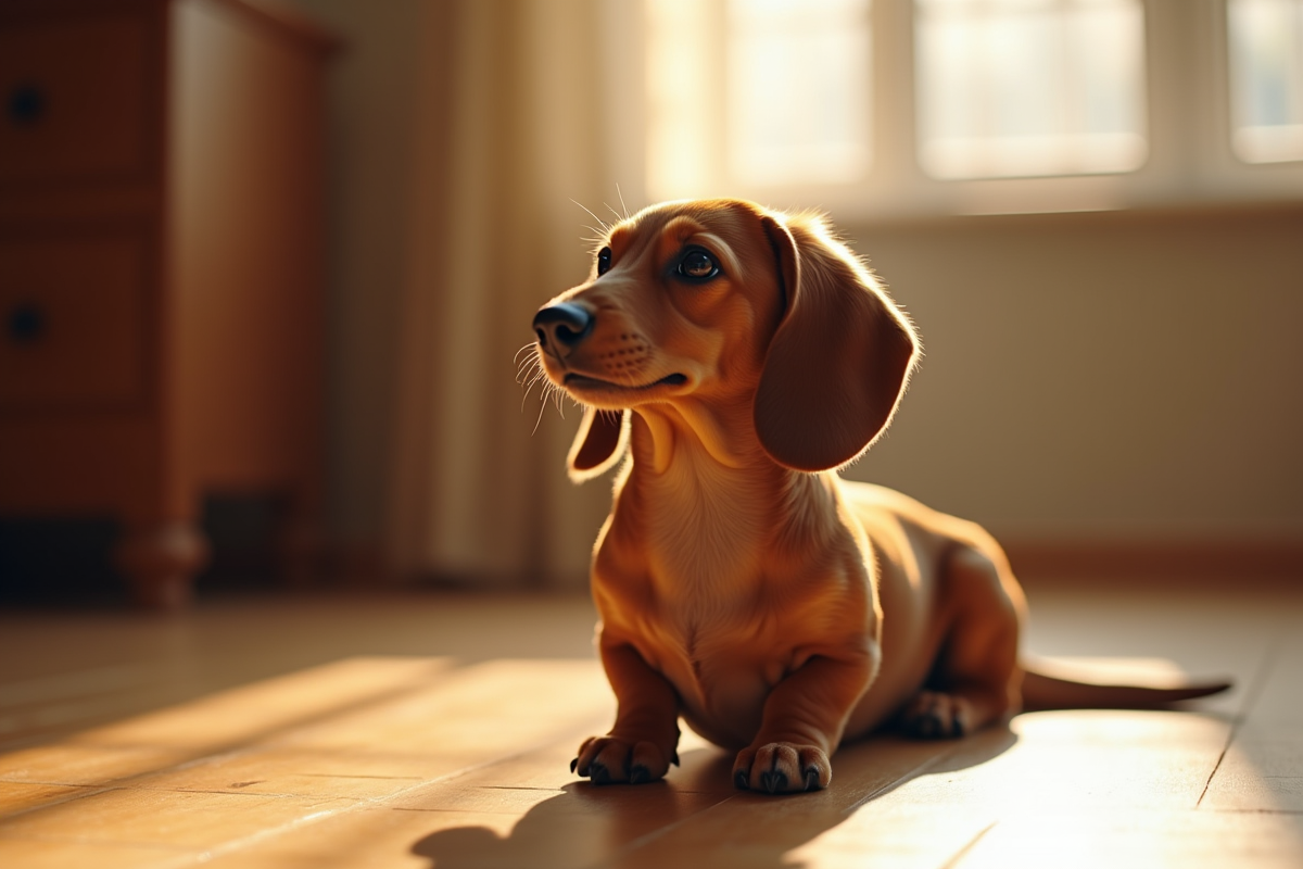 Dachshund assis sur un sol en bois en lumière naturelle
