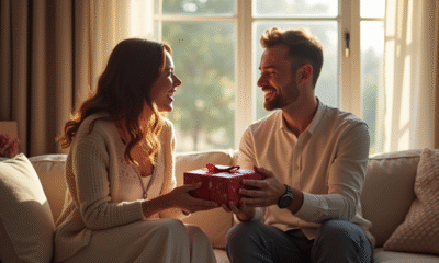 Couple heureux échangeant des cadeaux dans un salon lumineux