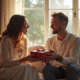Couple heureux échangeant des cadeaux dans un salon lumineux