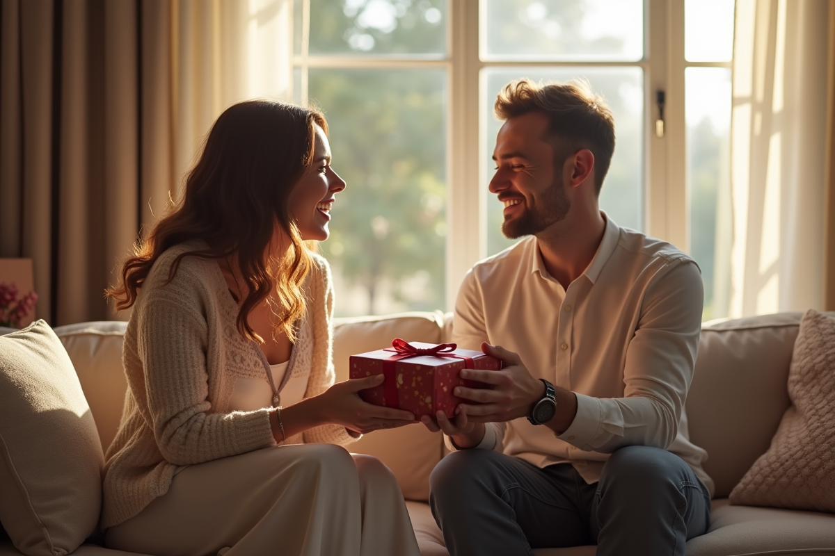Couple heureux échangeant des cadeaux dans un salon lumineux