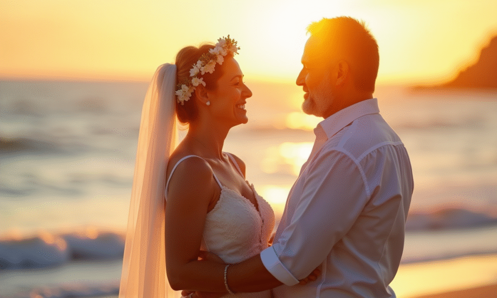 Couple mature échangeant vœux sur plage ensoleillée