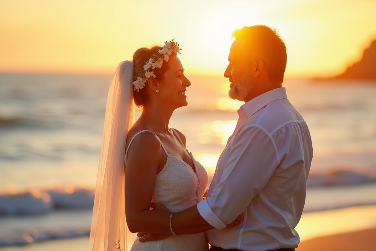 Couple mature échangeant vœux sur plage ensoleillée
