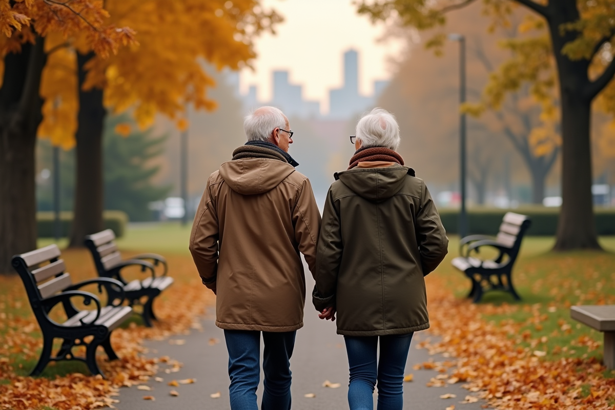 Couple âgé marchant dans un parc en automne