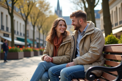 Jeune couple souriant dans une ville française animée