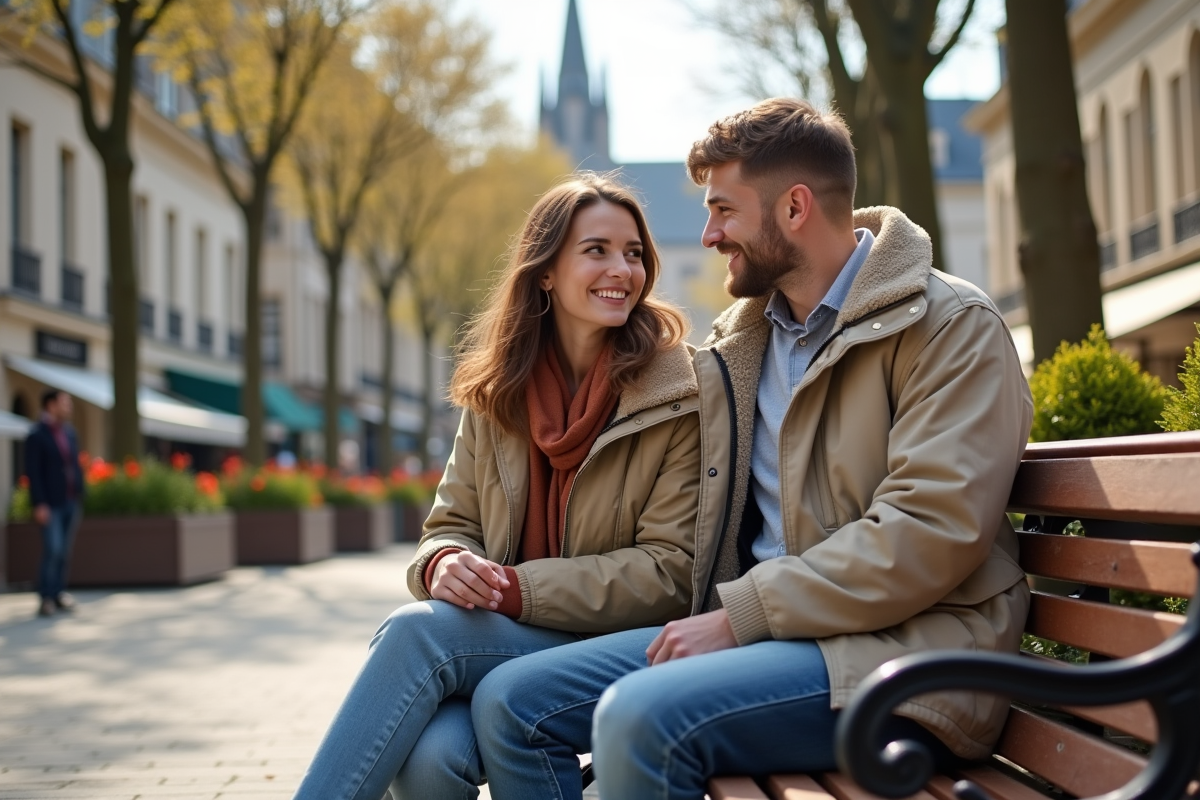 Jeune couple souriant dans une ville française animée