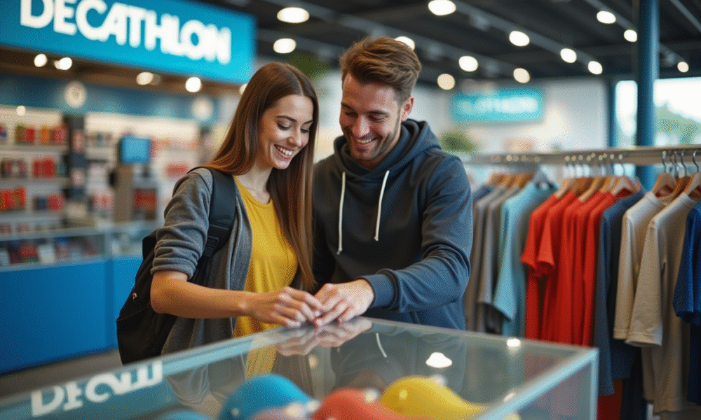 Jeune couple souriant dans un magasin Decathlon lumineux