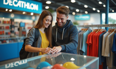 Jeune couple souriant dans un magasin Decathlon lumineux