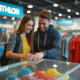Jeune couple souriant dans un magasin Decathlon lumineux
