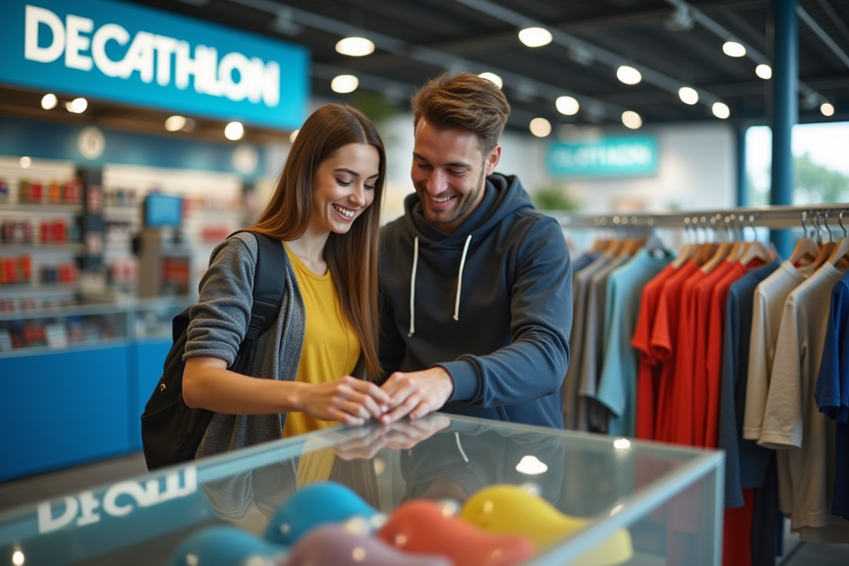 Jeune couple souriant dans un magasin Decathlon lumineux