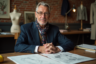 Designer mode homme en studio créatif avec croquis et tissus