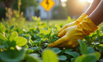 Mains gantées arrachant une herbe dans un jardin urbain sain