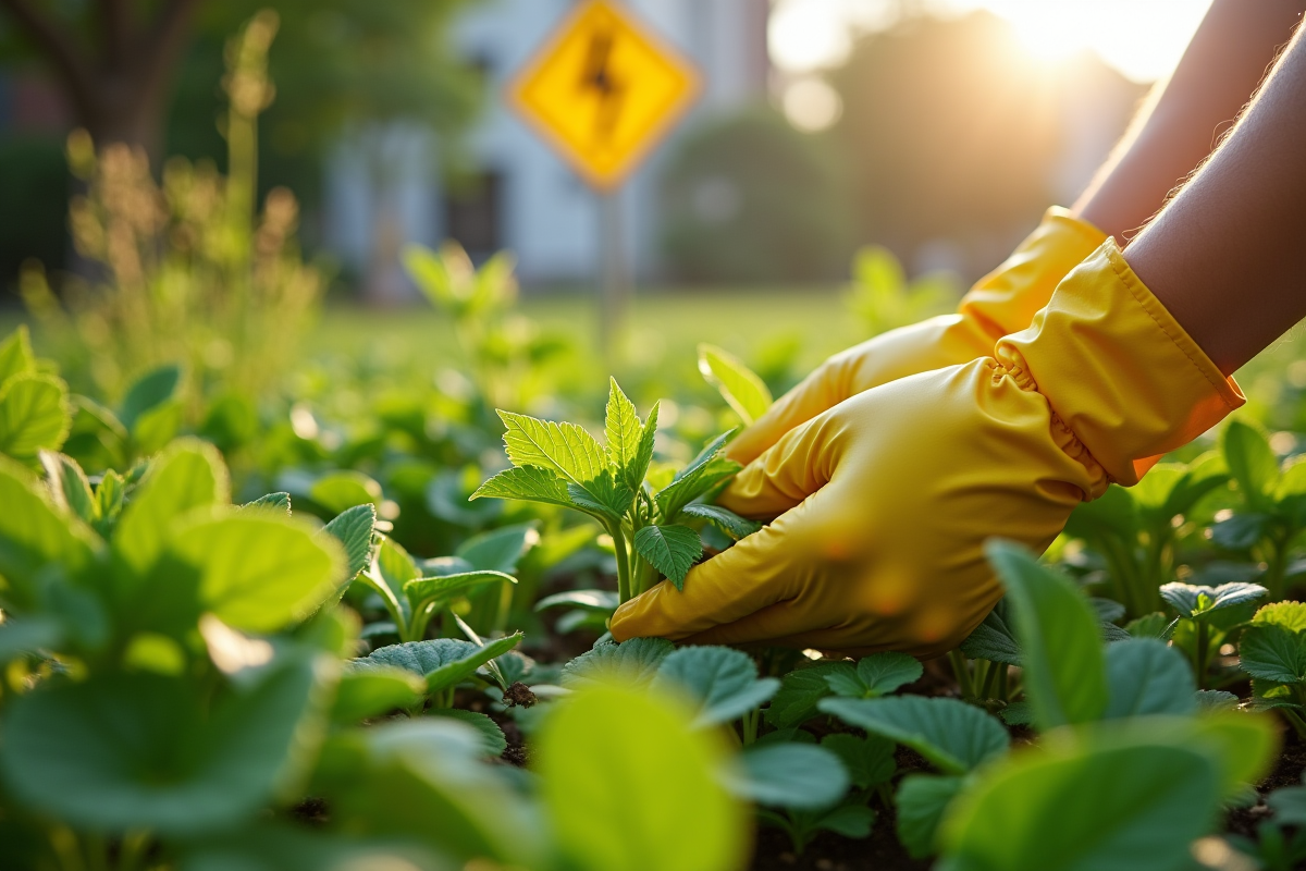 Mains gantées arrachant une herbe dans un jardin urbain sain