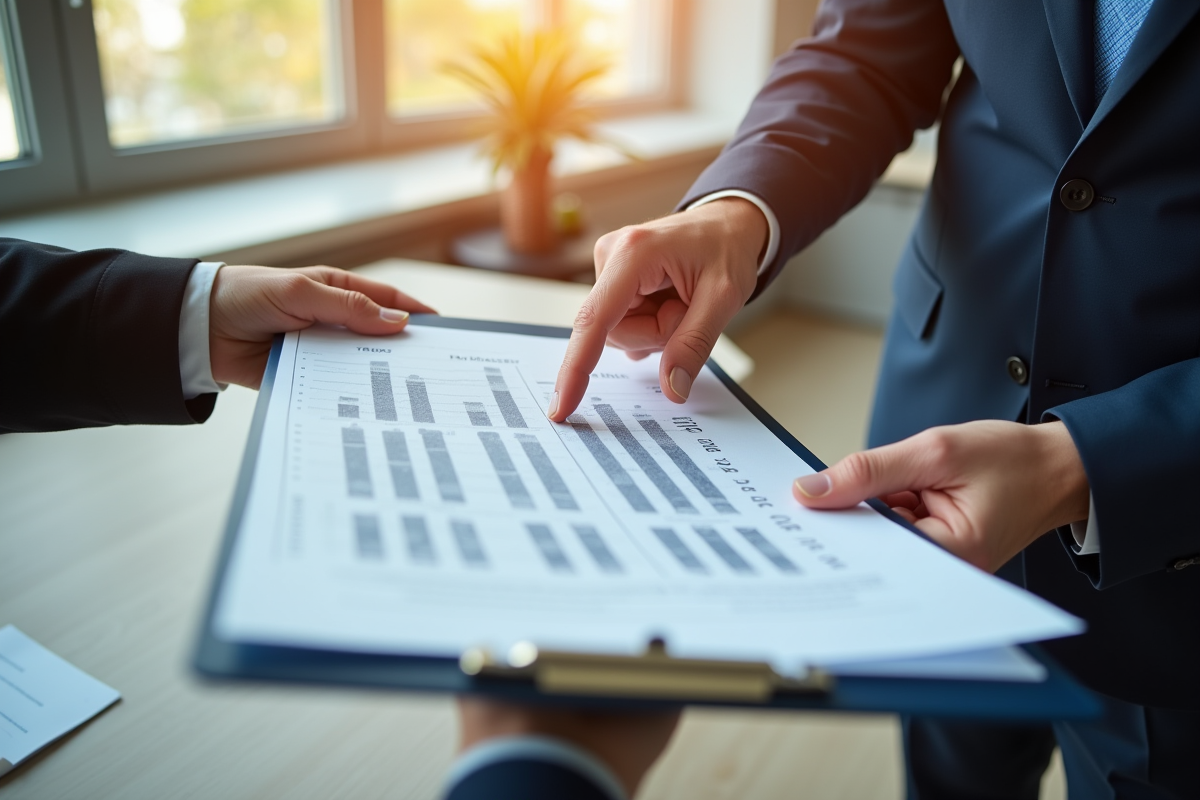 Deux professionnels discutant de fiches de paie en bureau lumineux