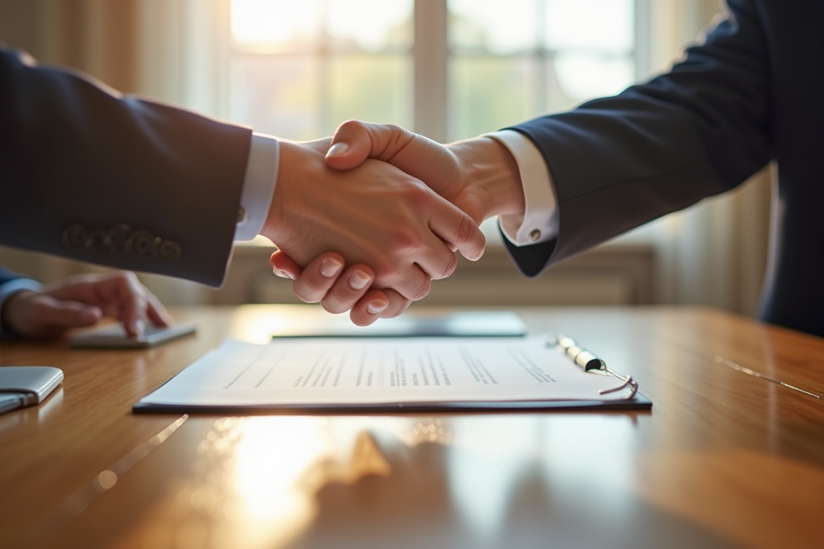 Echange de documents officiels sur une table en bois