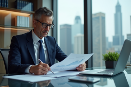 Economiste en costume analysant un graphique dans son bureau