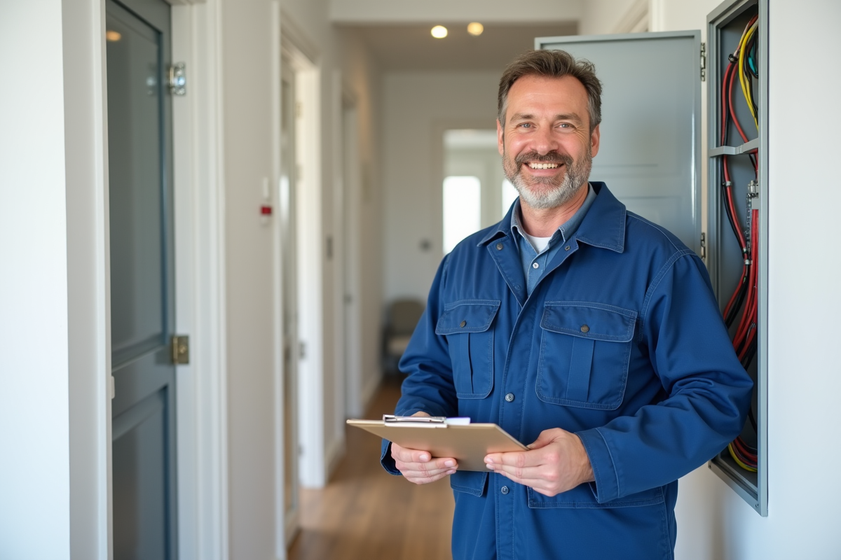 Électricien homme en overalls dans un appartement moderne