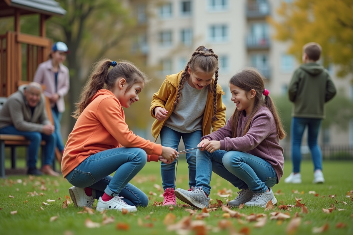 Enfants jouant ensemble dans un parc urbain