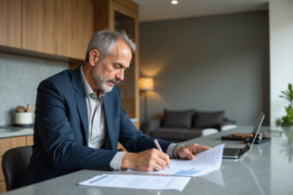 Expert immobilier examinant des documents dans un appartement moderne