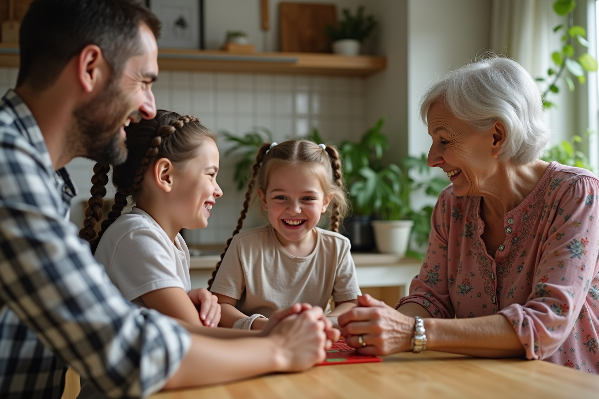 Une famille de trois générations jouant à un jeu de société dans la cuisine