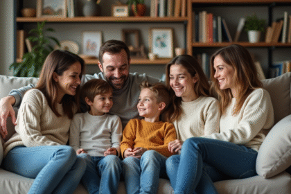Famille recomposée souriante dans un salon chaleureux