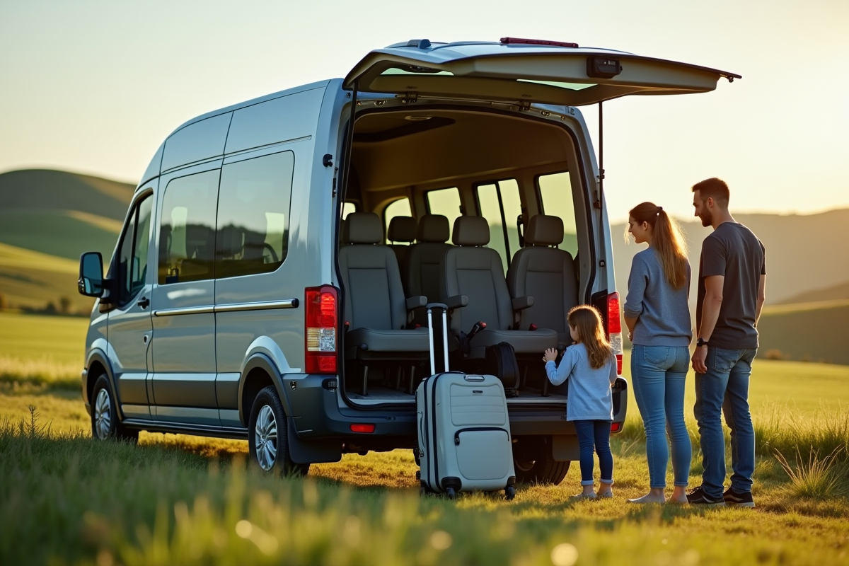 Famille préparant un voyage en camping avec un minibus en campagne
