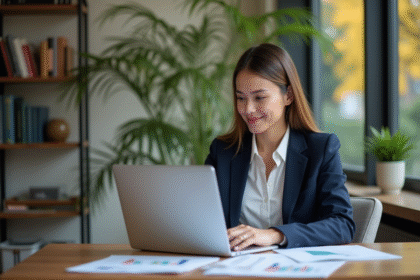 Jeune femme d'affaires regardant des graphiques financiers