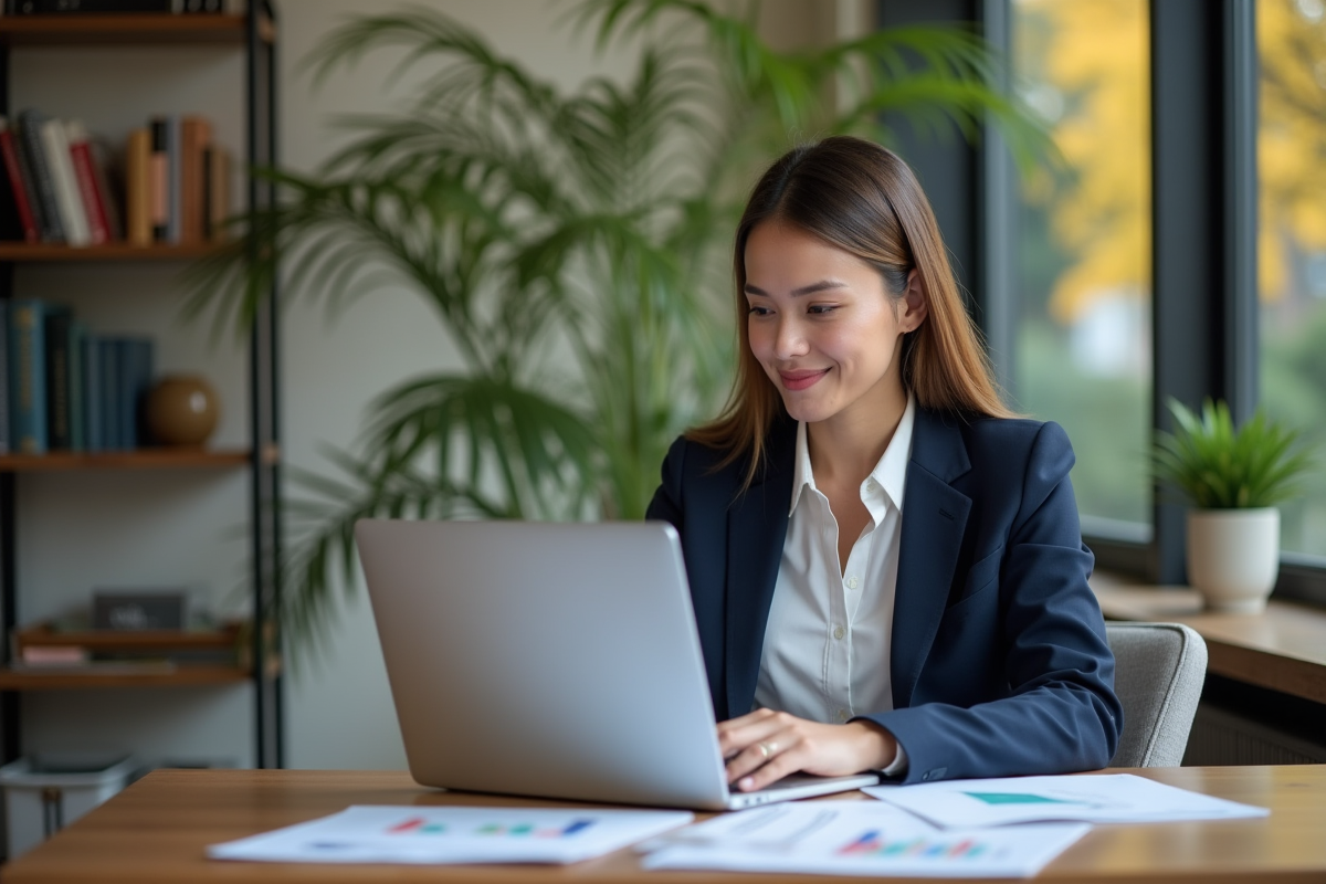 Jeune femme d'affaires regardant des graphiques financiers