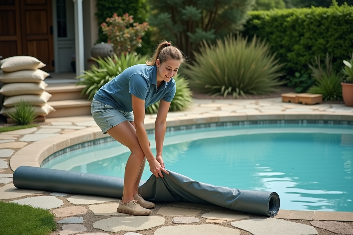 Jeune femme déployant une bâche de protection autour de la piscine