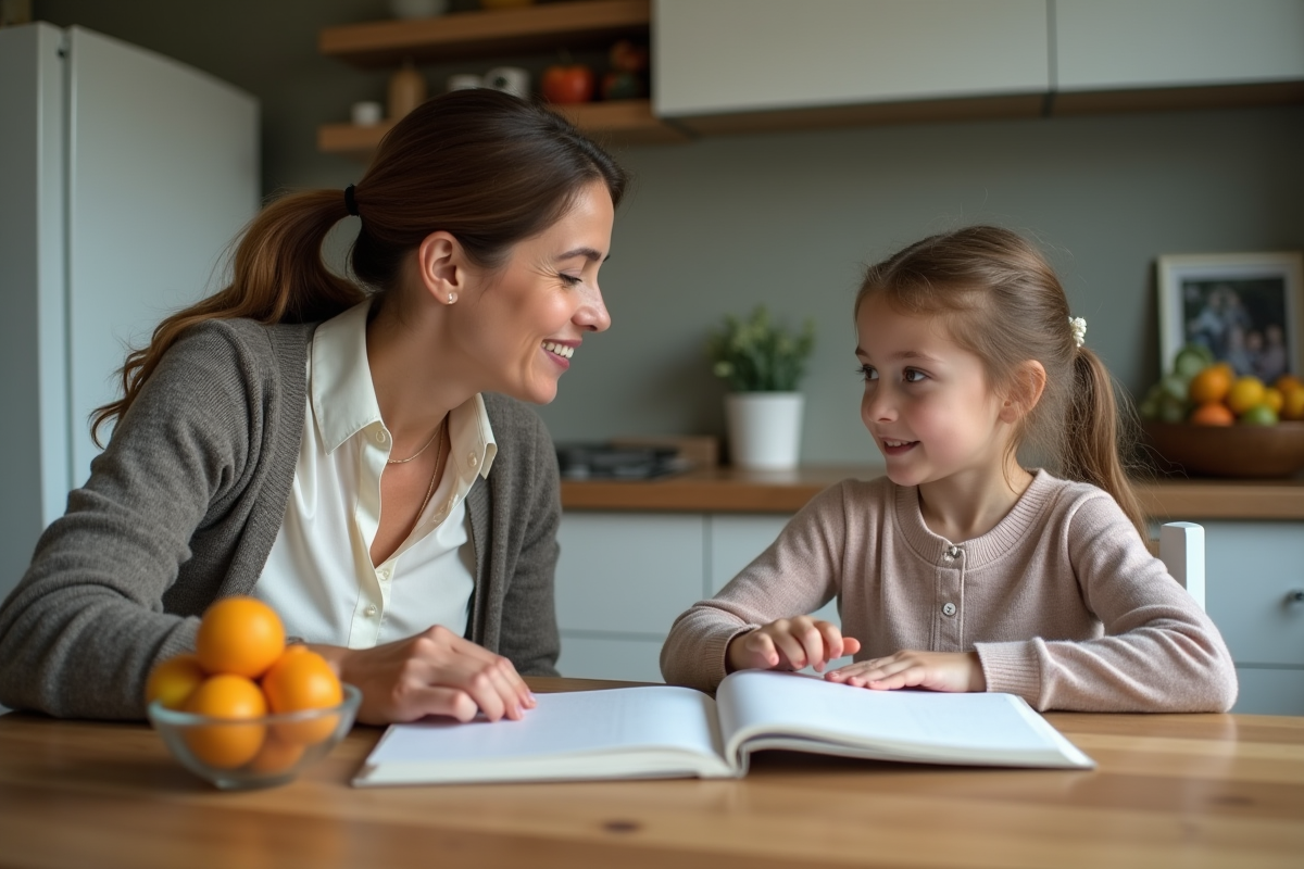 Femme rassurant une jeune fille à la table de cuisine
