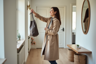 Femme souriante dans une entrée moderne avec sac en toile