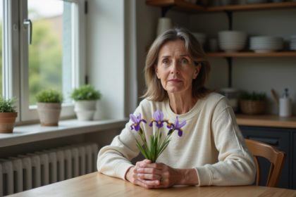 Femme d'âge moyen tenant des fleurs fanées dans une cuisine