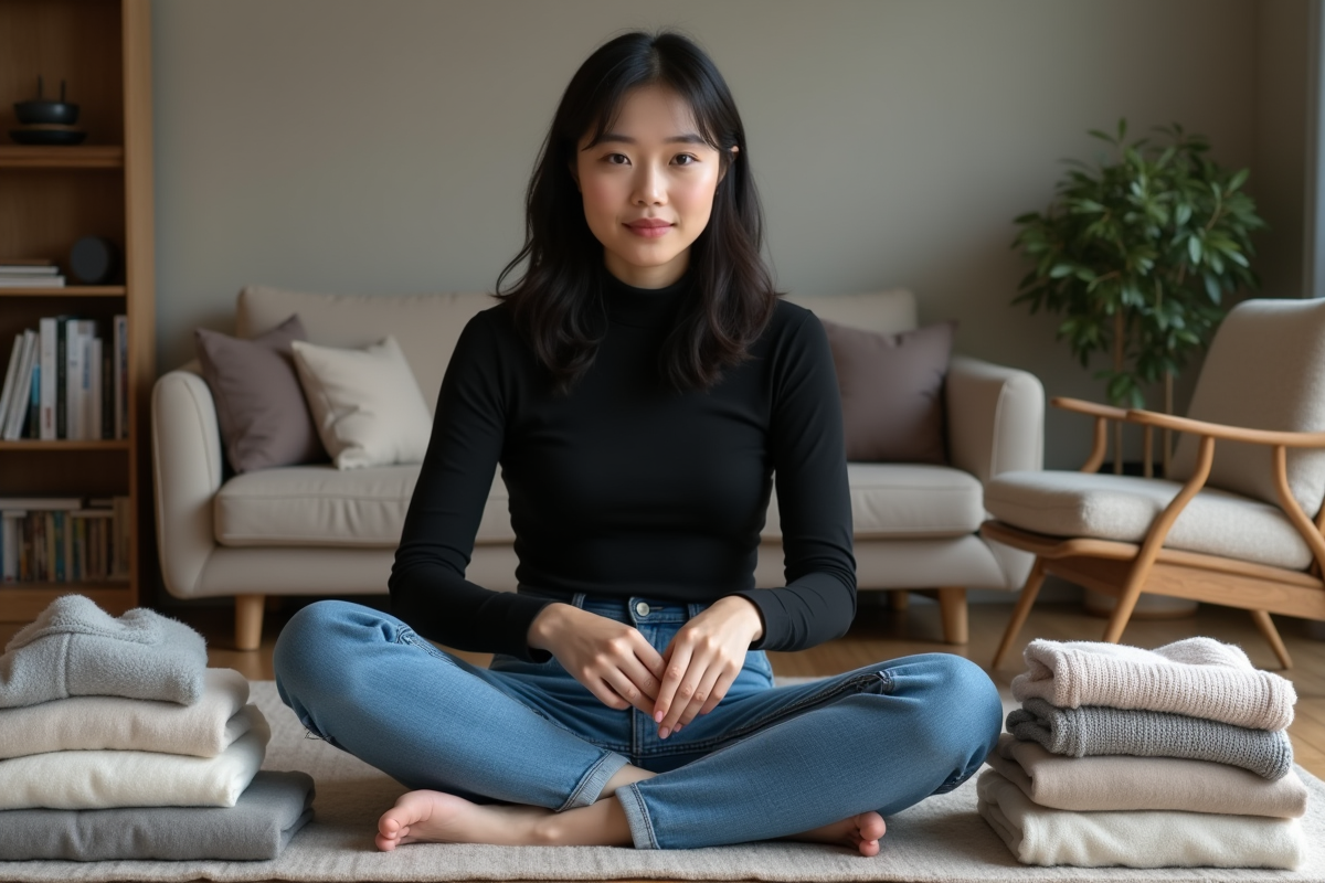 Jeune femme pliant des pulls dans un salon moderne