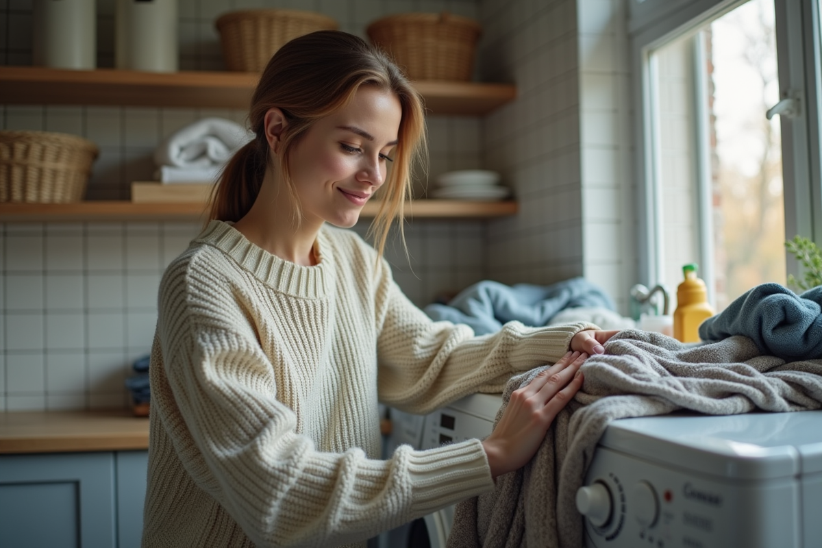 Jeune femme lavant des vêtements de seconde main dans une buanderie