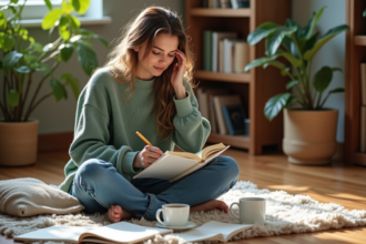 Femme assise en intérieur lisant dans un salon chaleureux
