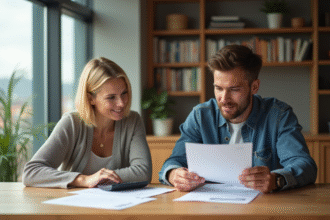 Femme d'âge moyen et jeune homme examinant des documents dans un appartement lumineux