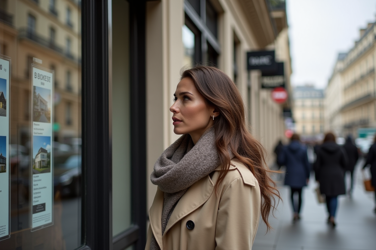 Femme élégante à Paris contemplant une vitrine immobilière