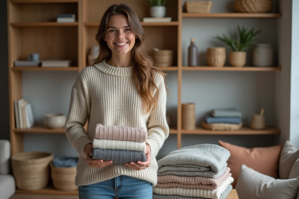 Jeune femme plie des pulls dans un salon cosy