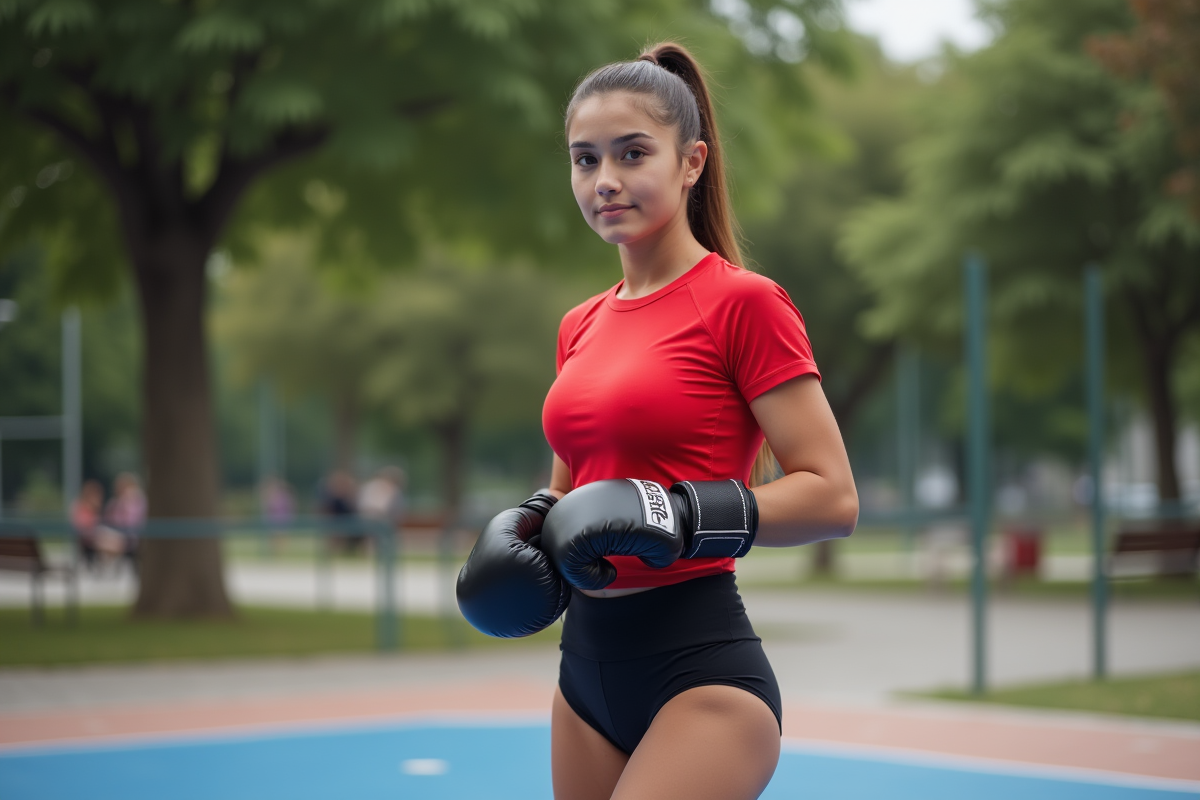Jeune femme ajustant ses gants de boxe en extérieur